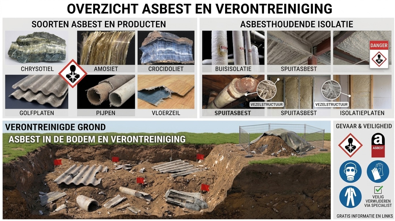 Infographic Overzicht asbest en verontreiniging: de asbestsoorten chrysotiel, amosiet en crocidoliet, asbestcementplaten, pijpen en vloerzeil, asbesthoudende buisisolatie en spuitasbest, een dwarsdoorsnede van verontreinigde grond met markeervlaggetjes, en GHS-gevaren- en veiligheidsgebodspictogrammen