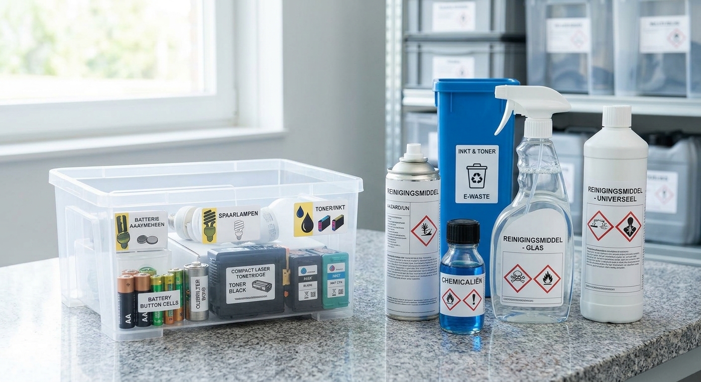 Sorteerbak met batterijen, spaarlampen en toners naast een blauwe inzamelbak, spuitbussen en flessen reinigingsmiddel met GHS-gevarenpictogrammen op een werkblad in een opslagruimte