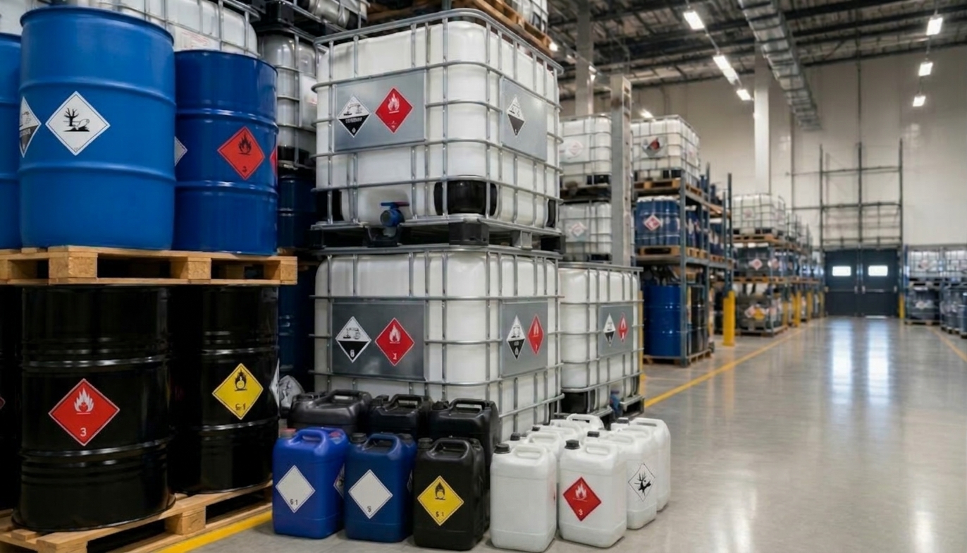 Opslagmagazijn met blauwe en zwarte vaten op houten pallets, gestapelde IBC-containers en rijen jerrycans, voorzien van ADR-gevaarsetiketten voor ontvlambare, oxiderende, giftige, bijtende en milieugevaarlijke stoffen