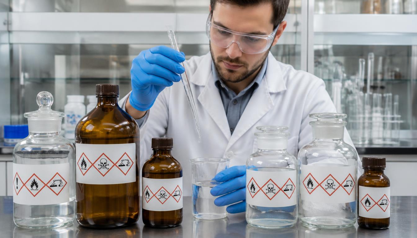 Laborant met veiligheidsbril en blauwe nitrilhandschoenen druppelt met een pipet vloeistof in een bekerglas, voor een rij chemicaliënflessen met GHS-gevarenpictogrammen op een roestvrijstalen werkbank